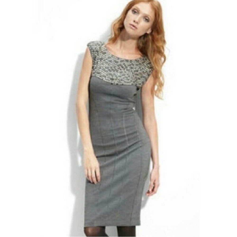 Ted Baker London Lamu Gray Embellished Sleeveless Bodycon Midi Dress. Size 12